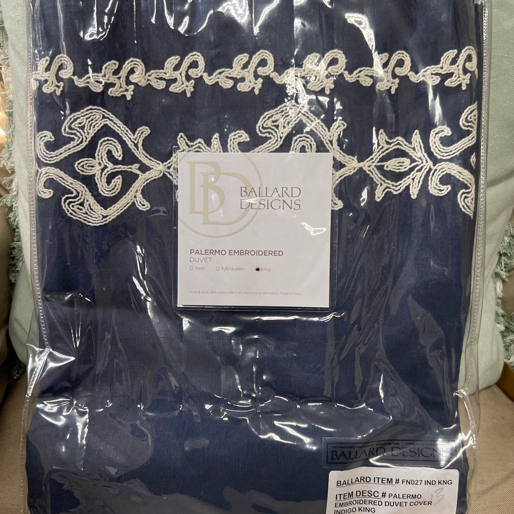Ballard Designs king Palermo duvet in indigo color